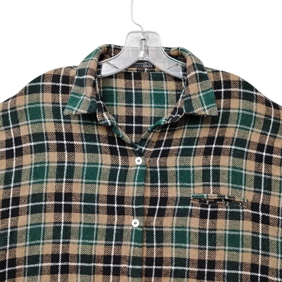 Dazy Plaid Green and Tan Shirt Size Large Long Sleeve Button Down - Picture 3 of 9